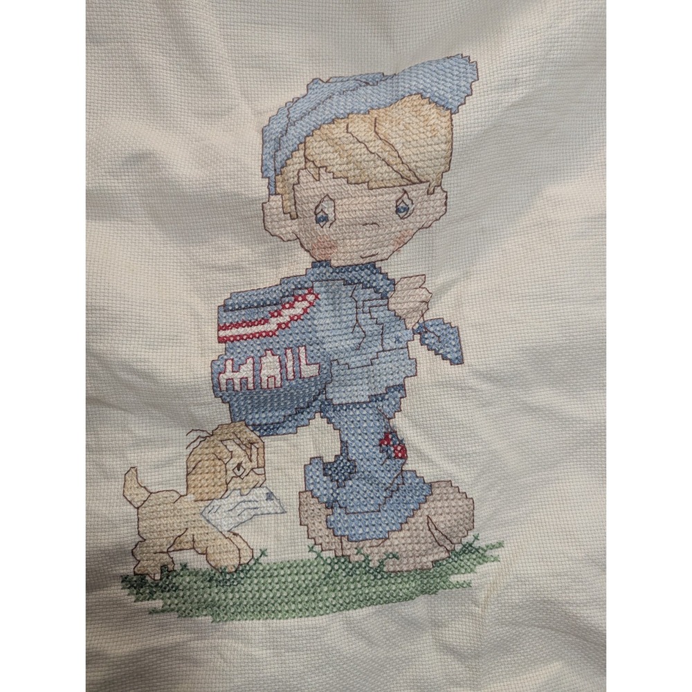Cross Stitch Mail Boy Puppy Quilt Blanket Cream Blue 41‎ x 34 Precious Moments